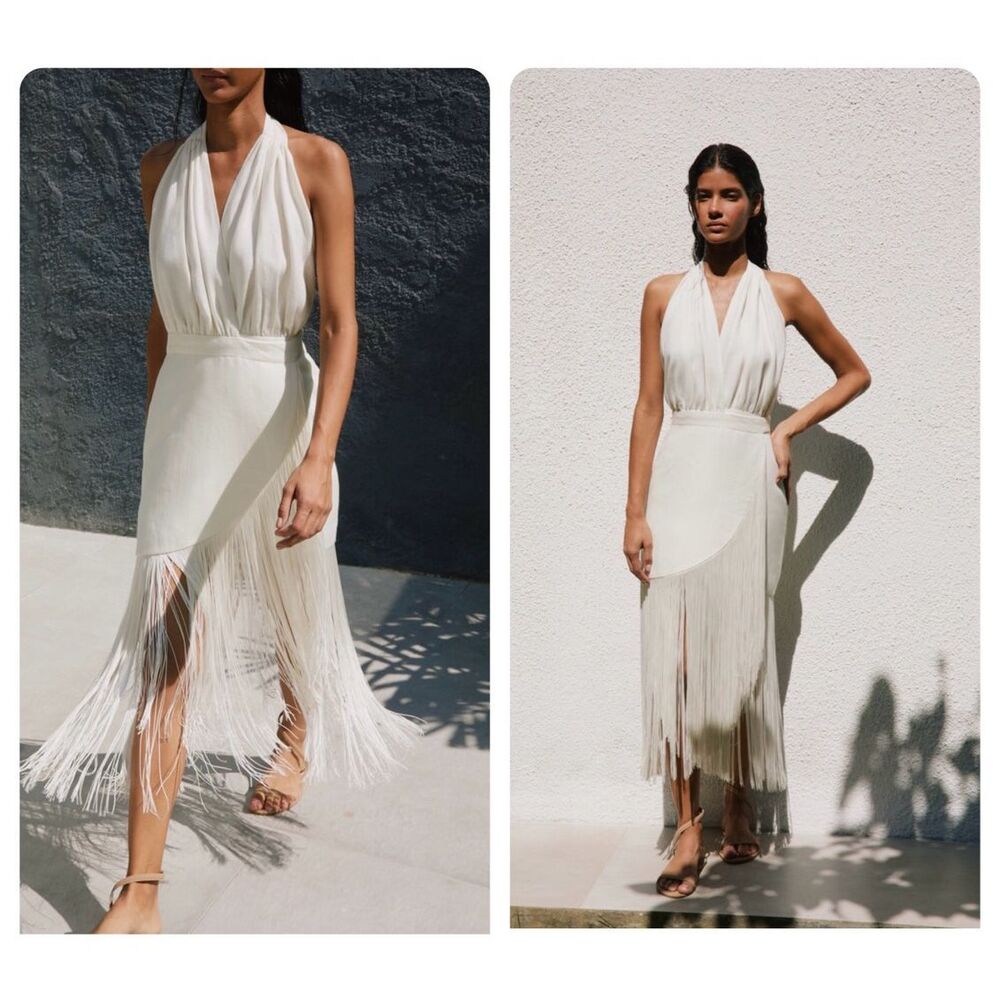 NWT No Pise La Grama Fringe Hem Open Back Halter Linen Ayala Dress White Size 2